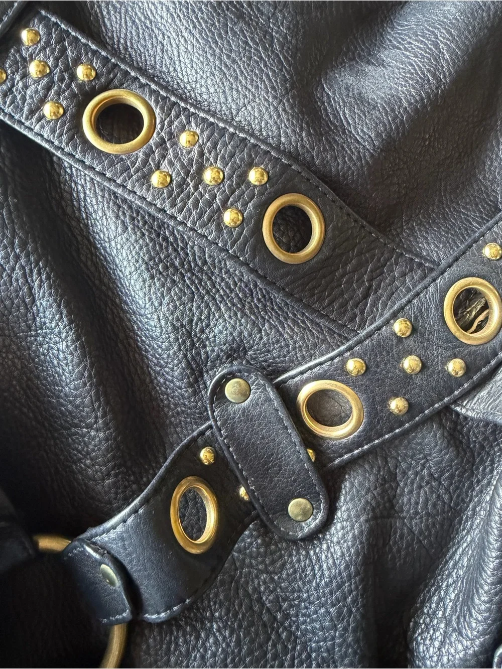Black Leather Hobo Bag with Gold Grommet Detail